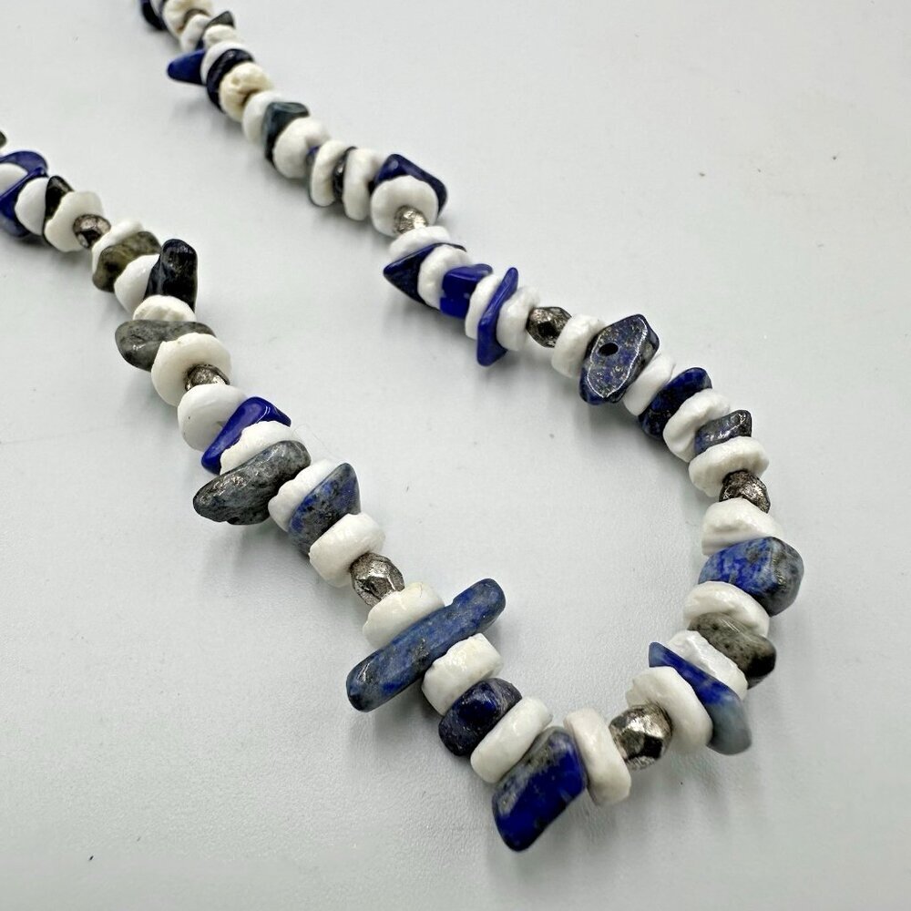 3/$30 Sodalite Stone Chip Necklace Blue White Beaded Silver Tone Unisex